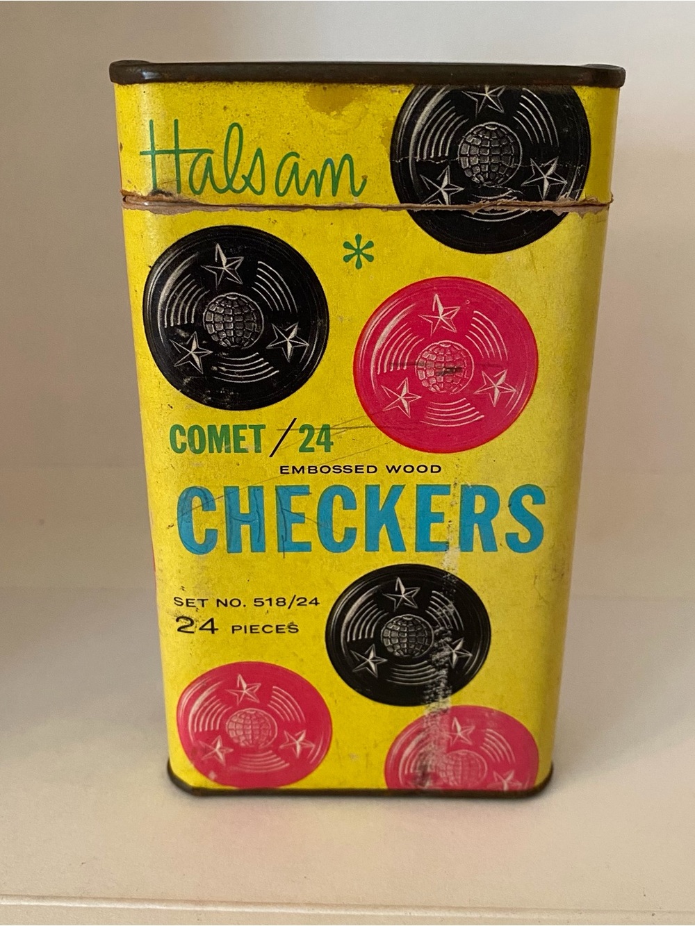 HALSAM Cardboard Tin Box (16) Embossed Wood COMET CHECKERS 518 Game Display VTG